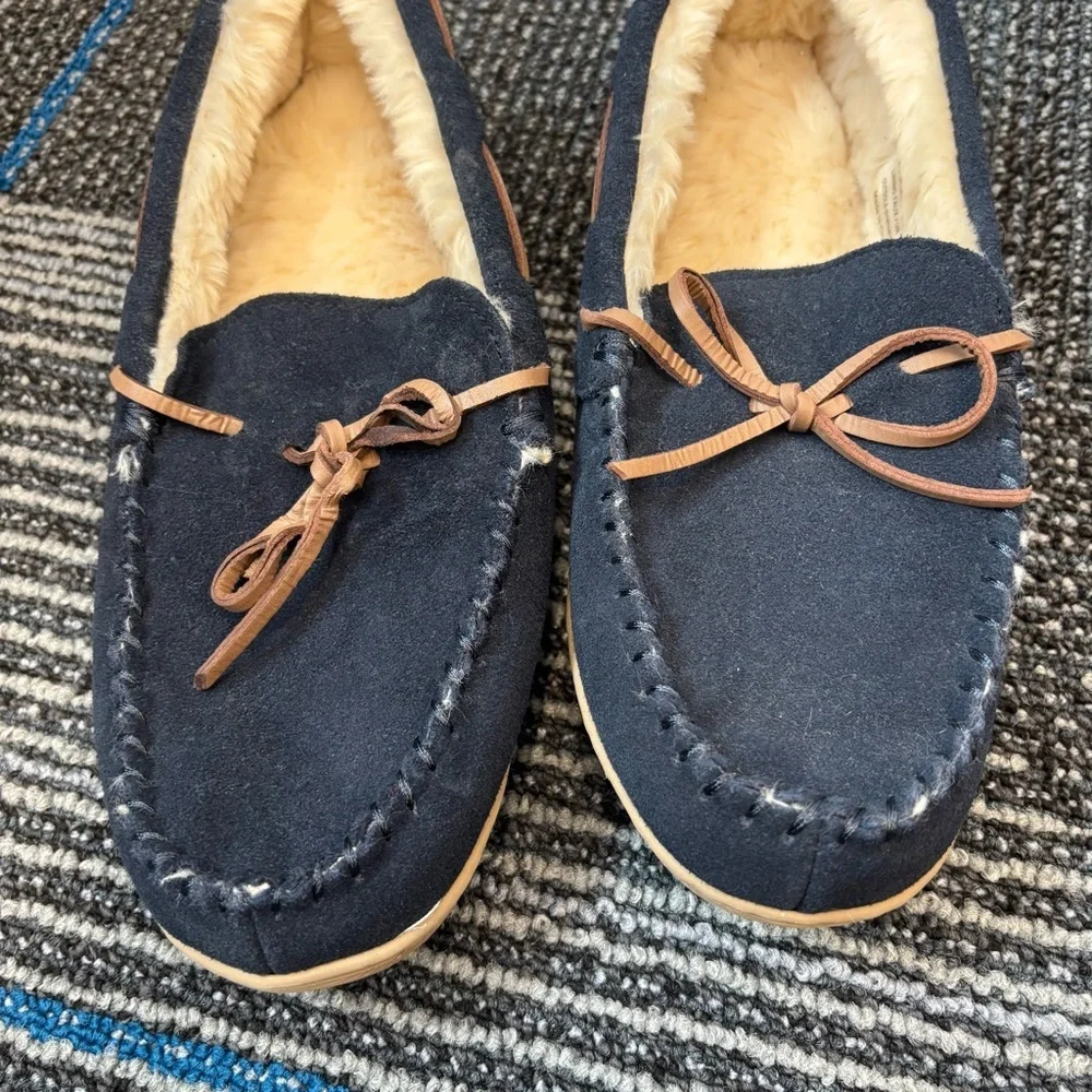 J Crew Men's 10 Navy Suede Slippers faux Fur Lined